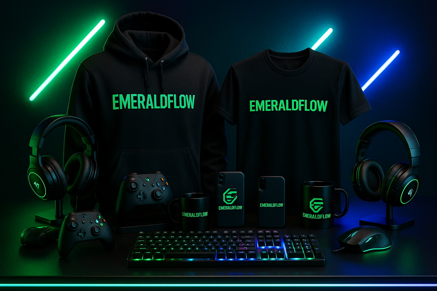 add the brand name EmeraldFlow on the merch and add electronics and products make it little gaming theme also and eye catching